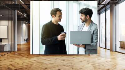 Two cheerful businessmen discussing something on the laptop in an office Wall mural